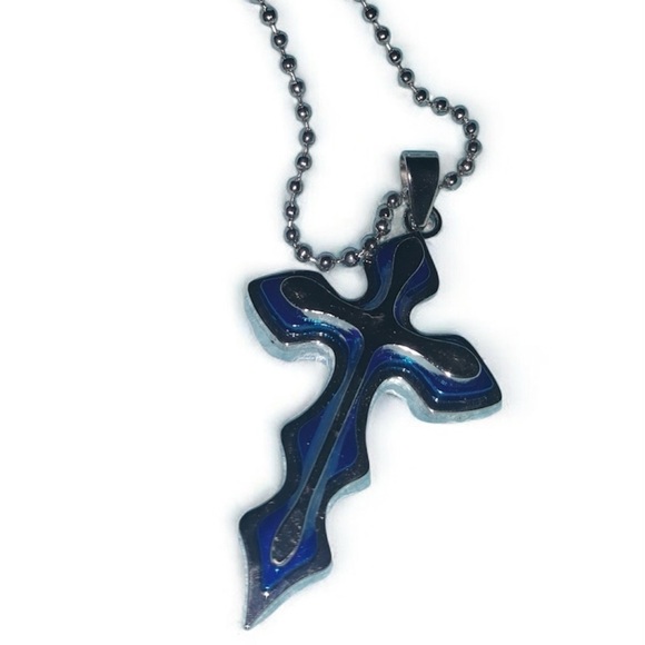 Stainless Steel Blue Cross Pendant Necklace  Silver Stainless steel chain NEW - Picture 5 of 6